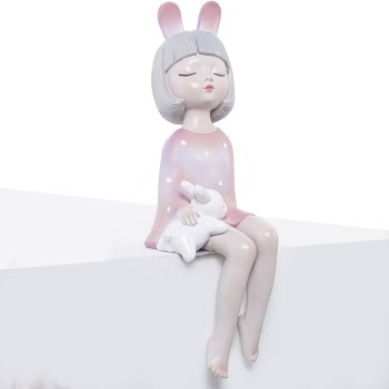 Figurine Resine Fille Assise En Robe Rose Et Lapin_12x12x32cm