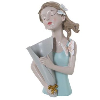 Figura Resina Torso Menina Com Vaso, Vestido Verde_16x12x31cm