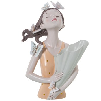 Figura Resina Busto Di Ragazza Con Vaso, Abito Arancione_22x14x31m