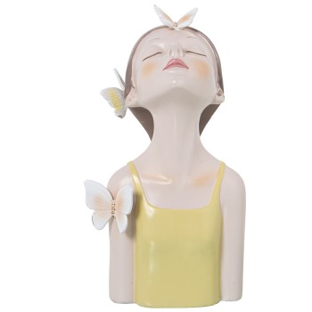 Figura Resina Torso Menina C/borboletas-vestido Amarelo_11x10x20cm