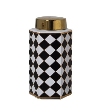 Potiche In Ceramica Quadrati - Bianco E Nero- 14x13x25cm