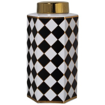 Potiche In Ceramica Quadrati - Bianco E Nero- 16x14x30cm