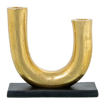Golden Aluminium Twin Candleholder W/black Base 21x8x20cm