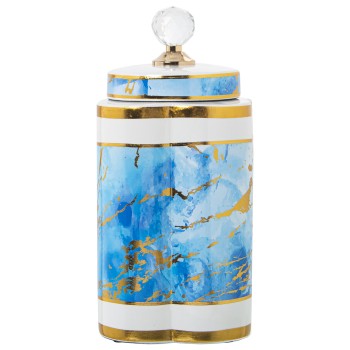 Potiche In Ceramica - Bianco, Azzurro E Dorato- Ø18x30cm