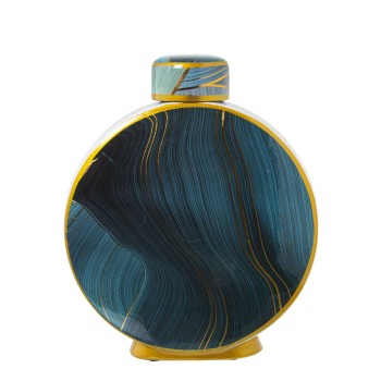 Tibor Rond En Céramique Vagues - Bleu Et Doré- 23x8x28cm
