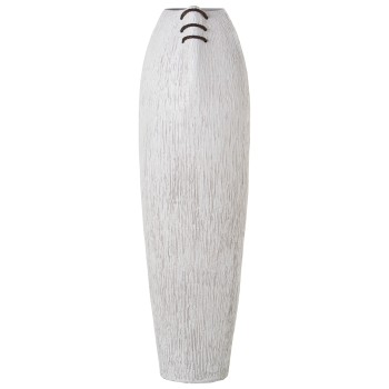 Vase Céramique Blanc Rayé Avec Cordon Marron 22x25x80cm
