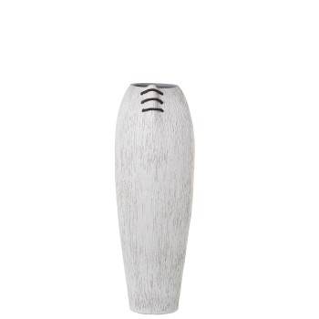 Vase Céramique Blanc Rayé Avec Cordon Marron 20x24x60cm