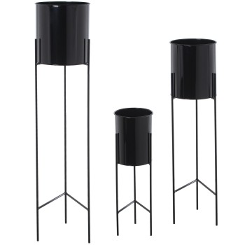 Set 3 Maceteros Metal Negro C/pie Negro Ø21x93+ø18x75+ø16x51cm