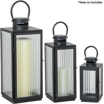 Set 3 Black Metal Lanterns 11x10x22+13x12x32+17x16x40cm