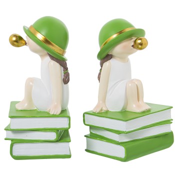 Set 2 White/green Resine Bookends Girl W/chewing Gum_11x9x19cm