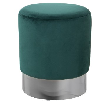 Dark Green Velvet Pouffe Ottoman With Silver Steel Band 10cm- Ø35x42cm, Poliéster/dm+pino
