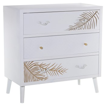 Cómoda Madera C/3 Cajones Blanco Relieve+hoja Dorada 80x40x80cm, Abeto+dm