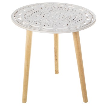 Table D´appoint En Bois Ajouré - Blanc Avec Pieds Naturels- Ø60x62cm