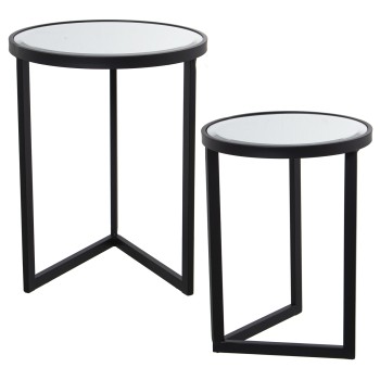 Set De 2 Tables En Métal - Noir Avec Plateau De Table Miroir- Ø42x54cm+ø36x48cm
