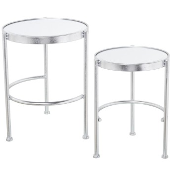 Set De 2 Tables En Métal - Argenté Avec Plateau De Table Miroir- Ø42x52cm+ø37x49cm
