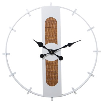 Horloge Murale En Métal Blanc-base En Osier/bois,pile:1xaa N- _ø64x4,5cm, Pila:1xaa No Inclu