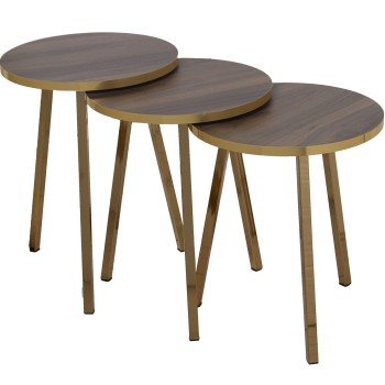 Set 3 Mesas Aux. Madera Patas Metal Oro, Madera Color Nogal Ø38x51+ø38x48+ø38x45cm