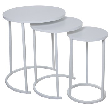 Set 3 Tavolini Metallo/legno Gambe Bianche Su Legno- _ø48x58+ø38x52,5+ø28x48cm
