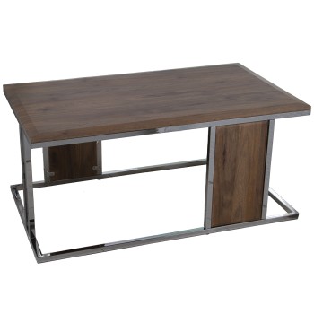 Table Basse Bois/metal Chrome, Planche Biseautee- _99x59x45cm, Color Nogal