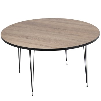 Table Basse Ronde En Chêne Av Ec Pieds Métal Noir- _ø89x45cm, Grosor:1,8cm