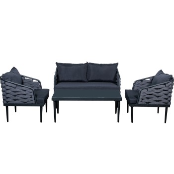 Outdooor Dining Set: 2 Seater Sofa+ 2 Chairs+ Table Aluminium/glass, Sofa:123x69x72cm Table:110x60x41, Chair:69x69x72cm
