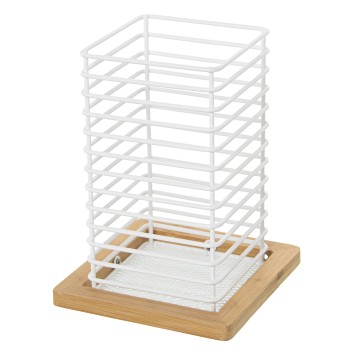 Porte-ustensiles En Métal Avec Cadre En Bois - Blanc (ustensiles Non Inclus)- 12x12x16cm, Recipiente:9x9x16