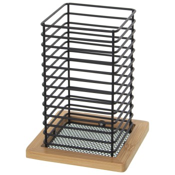 Portautensilios Metal Negro C/marco Madera (no Incluye Uten 12x12x16cm, Recipiente:9x9x16