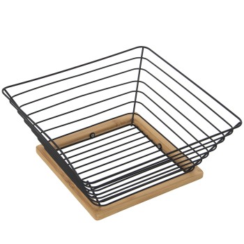 Black Metal Fruit Bowl With Wooden Frame- 25x25x10cm Base Rejilla:15x15