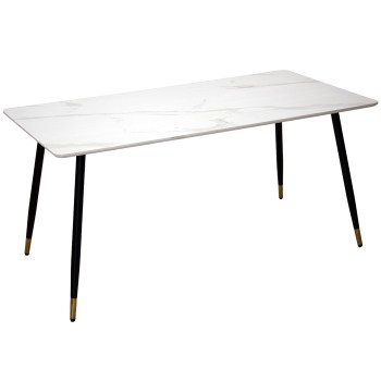 Mesa De Jantar Em Madeira, Efeito Mármore Branco _160x80x76cm, Pernas De Metal Preto