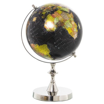 Globo Terráqueo Aluminio Acabado Niquel, Globo Ø20cm, Negro 21x20x35cm, Base:ø14,5cm