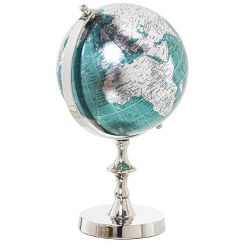 Globo Terráqueo Aluminio Acabado Niquel, Globo:ø15cm, Azul 16x15x27cm, Base:10,7cm